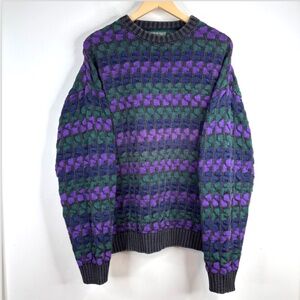VTG 90s American Eagle 3D Knit Sweater L Cosby Eclectic Grandpa Retro Purple Y2K